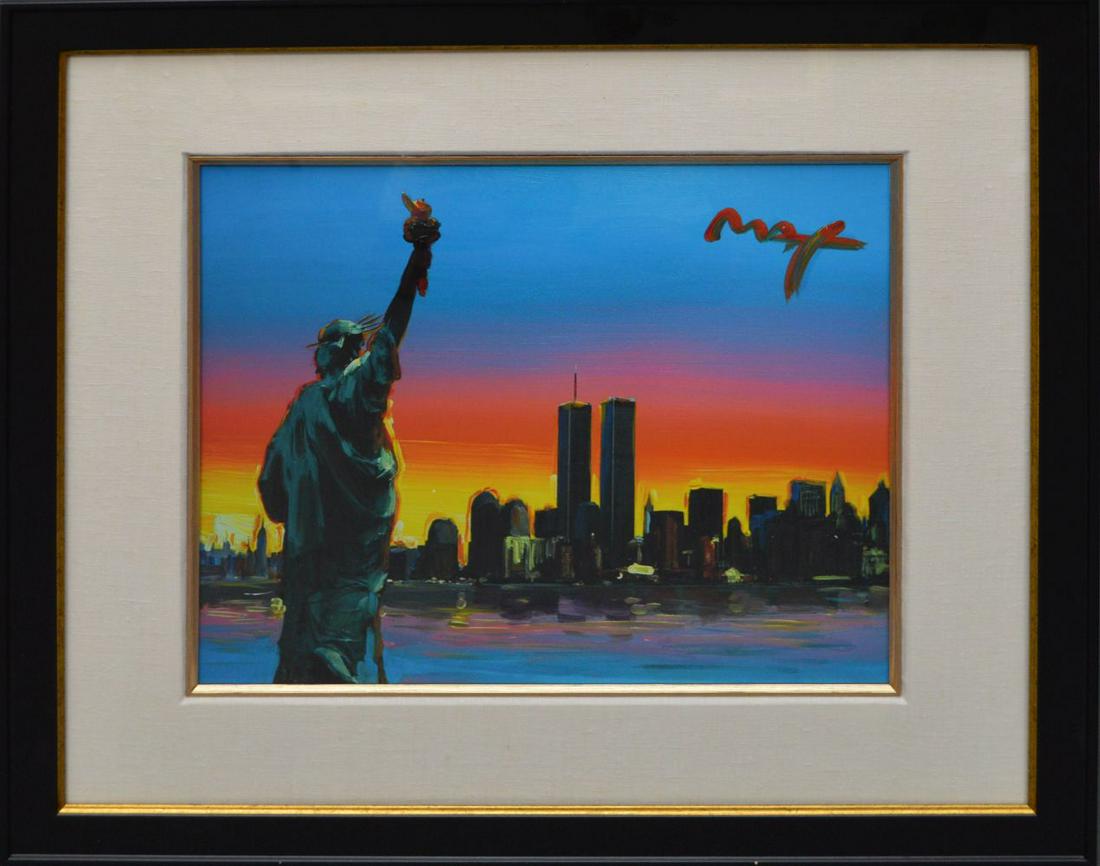 Peter Max Print, Statue of Liberty with the Twin: Peter Max Print, Statue of Liberty with the Twin Towers, 23" x 25 1/2"