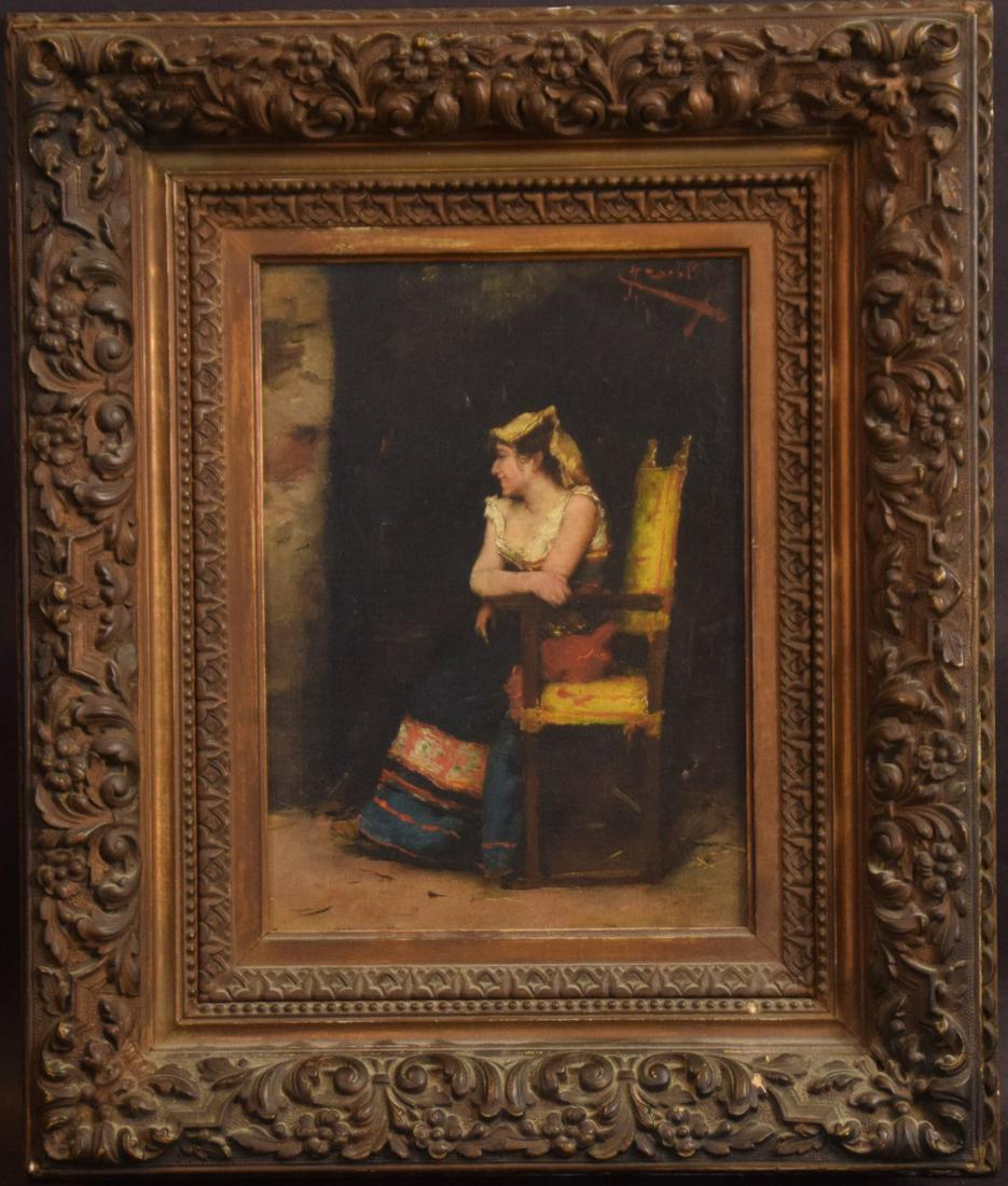 19th Century Spanish School oil on canvas, colorful: 19th Century Spanish School oil on canvas, colorful -young girl seated in a chair, 8 x 11 inches