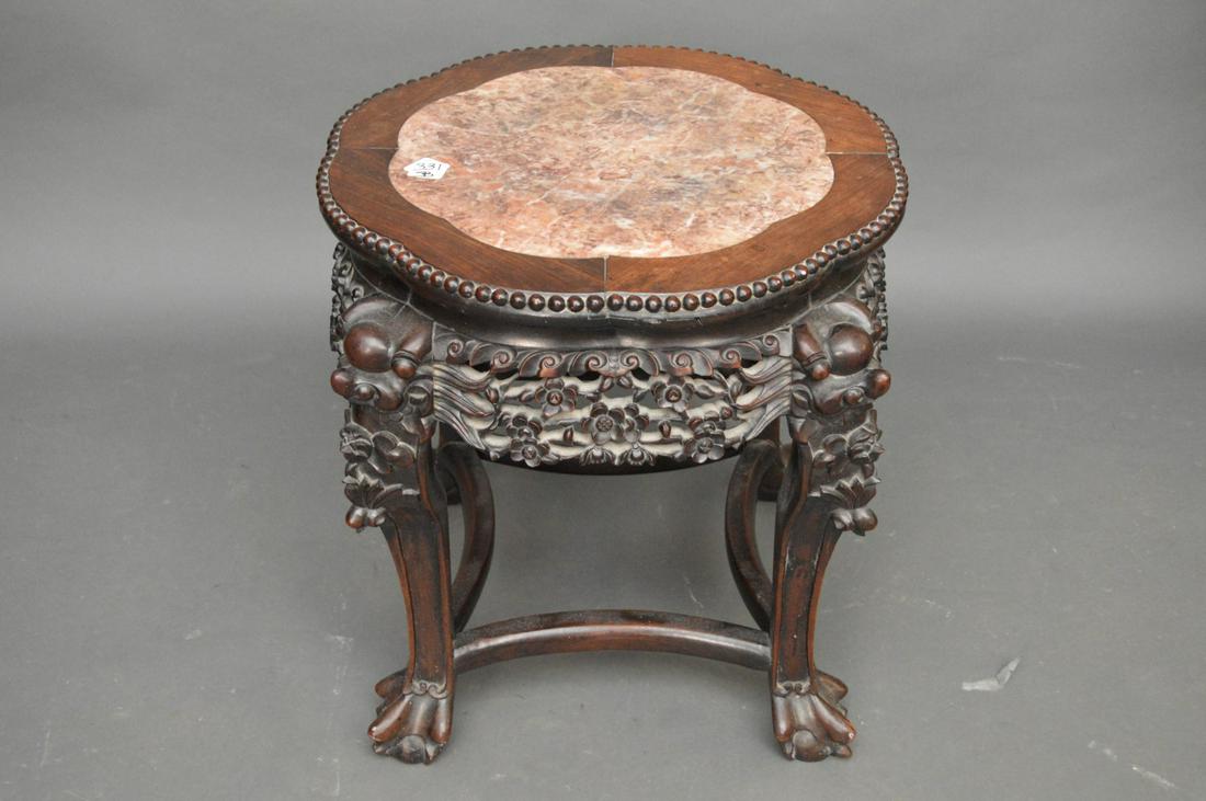 Chinese stool, heavily carved with marble insert: Chinese stool, heavily carved with marble insert