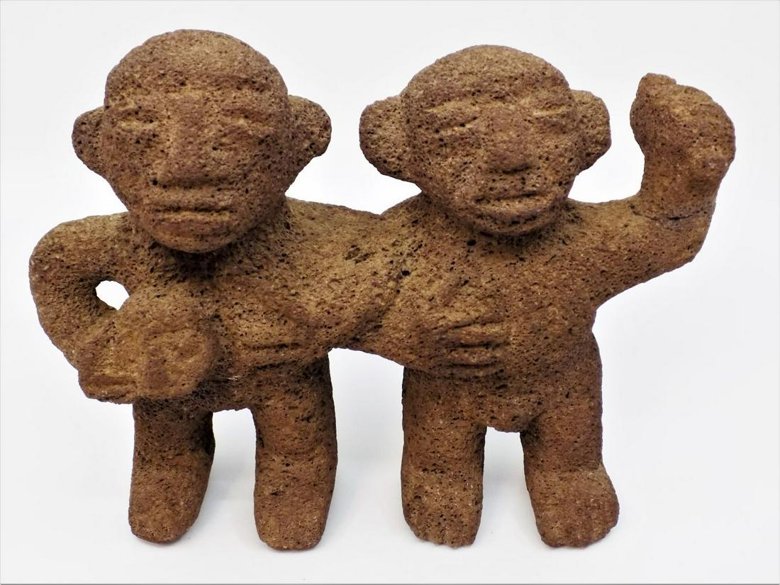 Pre-Columbian Stone Couple with Trophy Head, Carved: Pre-Columbian Stone Couple with Trophy Head, Carved Basalt Stone Pair with Trophy Head Imagery, Origin: Costa Rica, Age: 300-800 A.D.