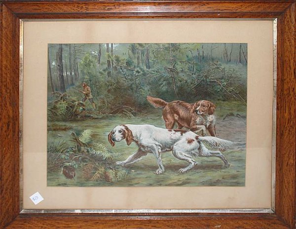 Print, hunting scene, 2 dogs and hunter, 24" x 28
