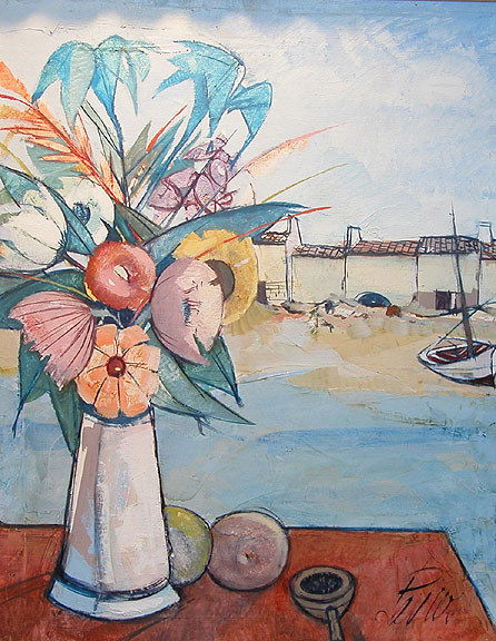 Charles Levier (French, b. 1920), "Still Life of: Charles Levier (French, b. 1920), "Still Life of Flowers with Sail Boat and Cabana", oil on canvas, 24" x 30"