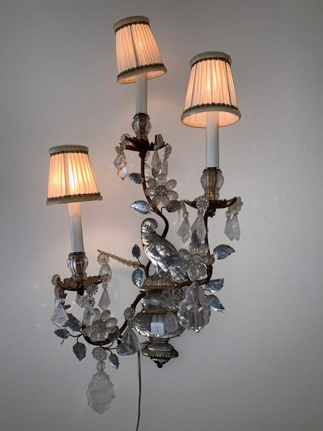 Pair Vintage Rock Crystal 3 light Wall Sconces, 25"h: Pair Vintage Rock Crystal 3 light Wall Sconces, 25"h