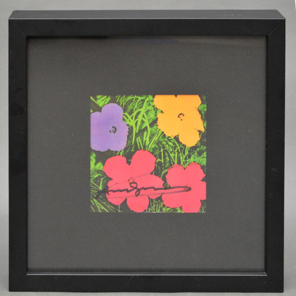 ANDY WARHOL FLOWERS CARD - SIGNED. Andy Warhol: ANDY WARHOL FLOWERS CARD - SIGNED. Andy Warhol (American, 1928-1987) Lithograph Flowers announcement card, Galerie Sonnabend, 6-1/2 x 6-1/2 inches, good condition, hand signed.