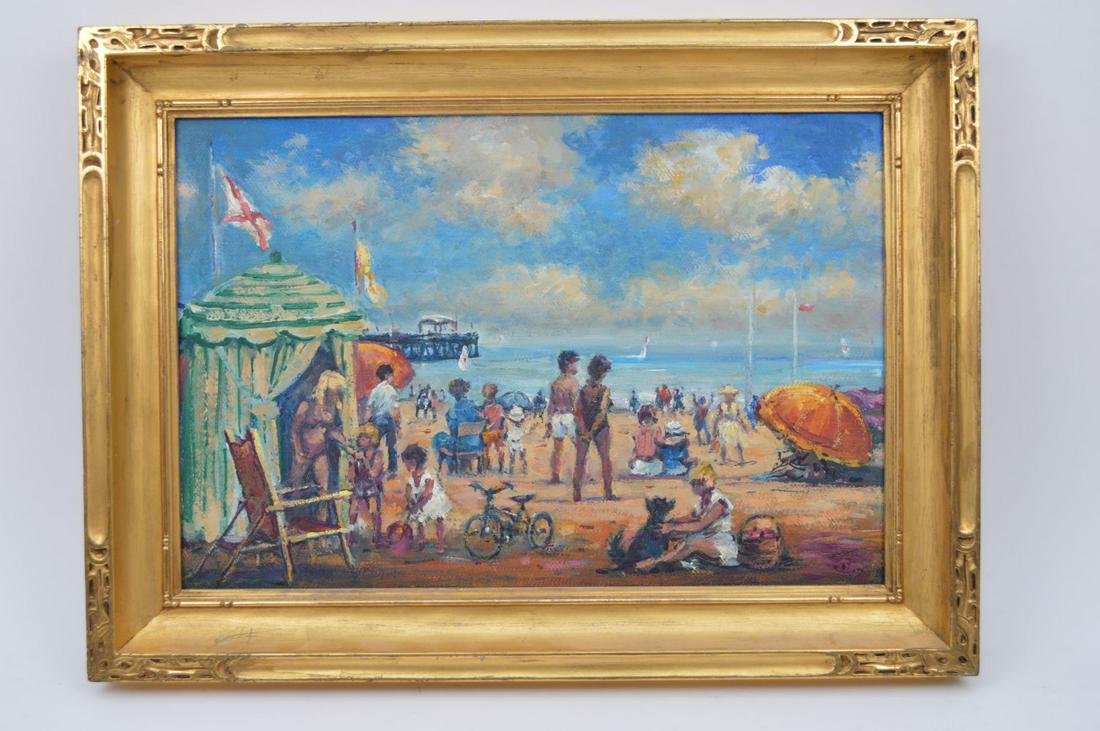 Philip Corley (Ireland/America b. 1944) oil on board,: Philip Corley (Ireland/America b. 1944) oil on board, Summer Beach Day, in gilt carved wood frame. Measures 12-1/2 x 18-3/4 inches framed; 16-1/2 x 22-1/2 Condition good