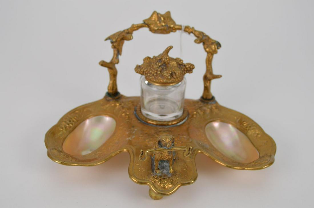 Brass fancy inkstand, 19th c, figural dog at top &: Brass fancy inkstand, 19th c, figural dog at top & abalone shell, 5"h x 9"w