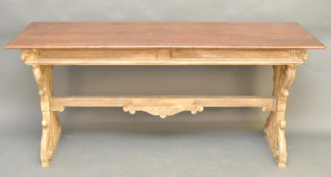 Spanish Colonial Carved Trestle table with refinished: Spanish Colonial Carved Trestle table with refinished top, 29"h x 64"w x 22"d