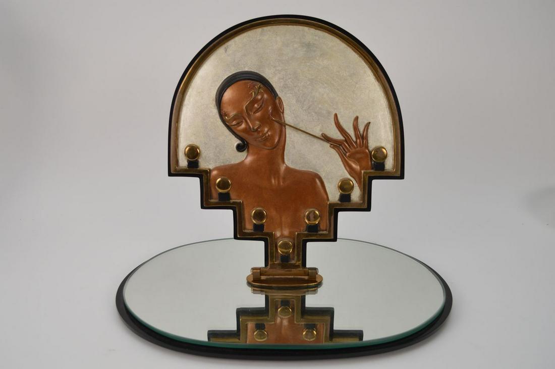 ERTE BRONZE SCULPTURE - VANITY Erté (Romain de Tirtoff,: ERTE BRONZE SCULPTURE - VANITY Erté (Romain de Tirtoff, Russian/French 1892-1990) Limited Edition gilded and cold painted bronze sculpture, signed/numbered 89/250;The mirror base rotates 360° and th