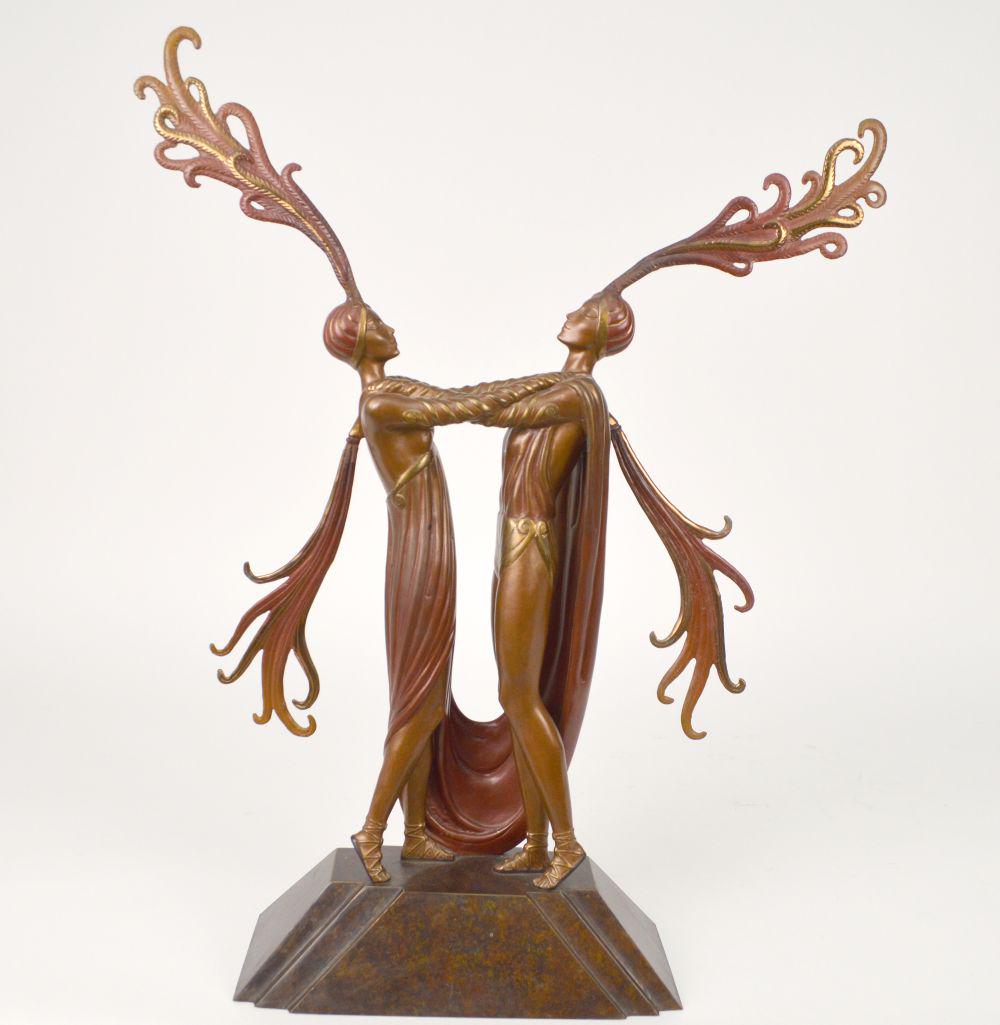 ERTE BRONZE SCULPTURE - KISS OF FIRE Erté (Romain de: ERTE BRONZE SCULPTURE - KISS OF FIRE Erté (Romain de Tirtoff, Russian/French 1892-1990) Limited Edition gilded and cold painted bronze sculpture, signed/numbered 228/300; H. 22" X W. 17" X D. 5.5", G