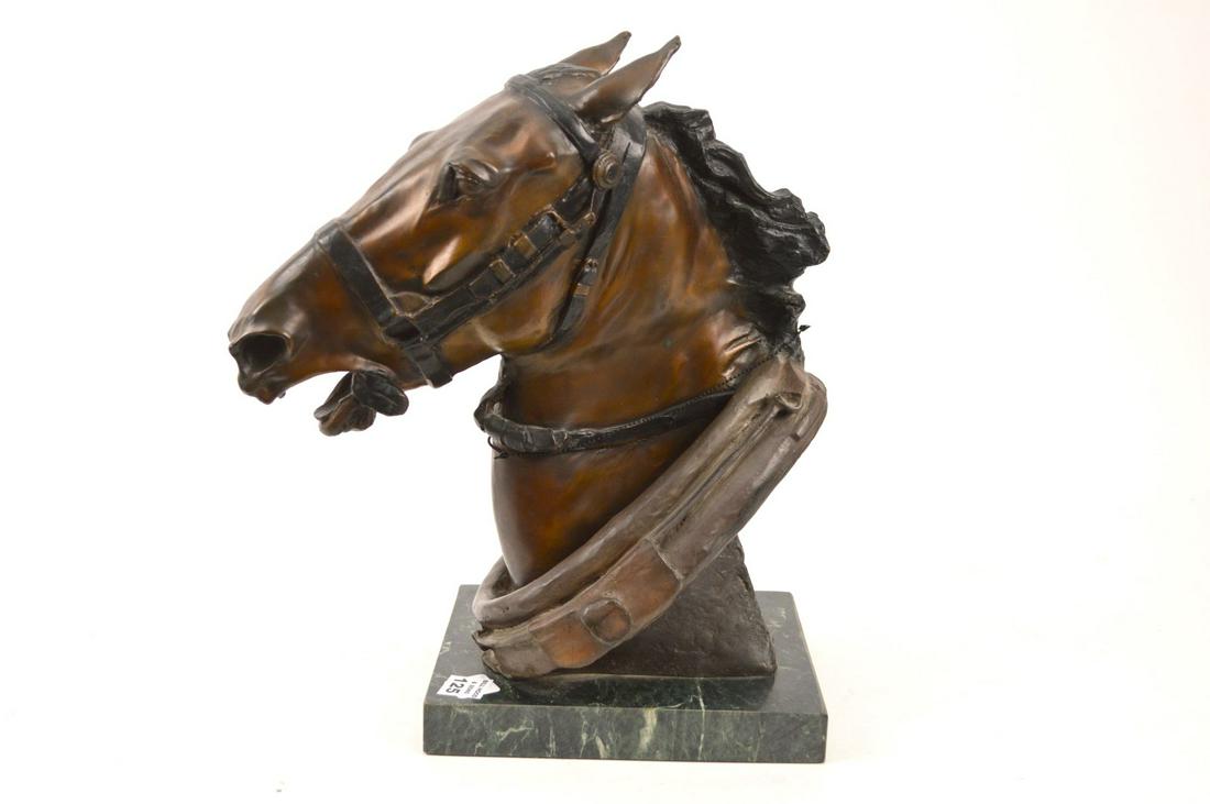 Large Bronze Horse Head by Henry Merwin Shrady, work: Large Bronze Horse Head by Henry Merwin Shrady, work horse on marble base, signed, 15"h (Beautiful example of Cast Shrady Bronze)