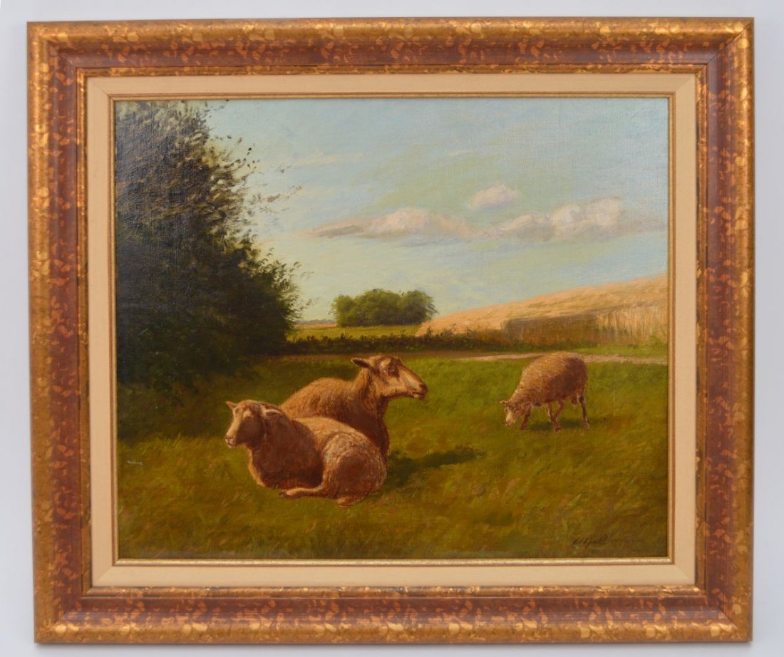 Antique European School, oil on relined canvas, 3 sheep: Antique European School, oil on relined canvas, 3 sheep in a landscape, 16-1/2 x 23 inches signed Alfred Larson