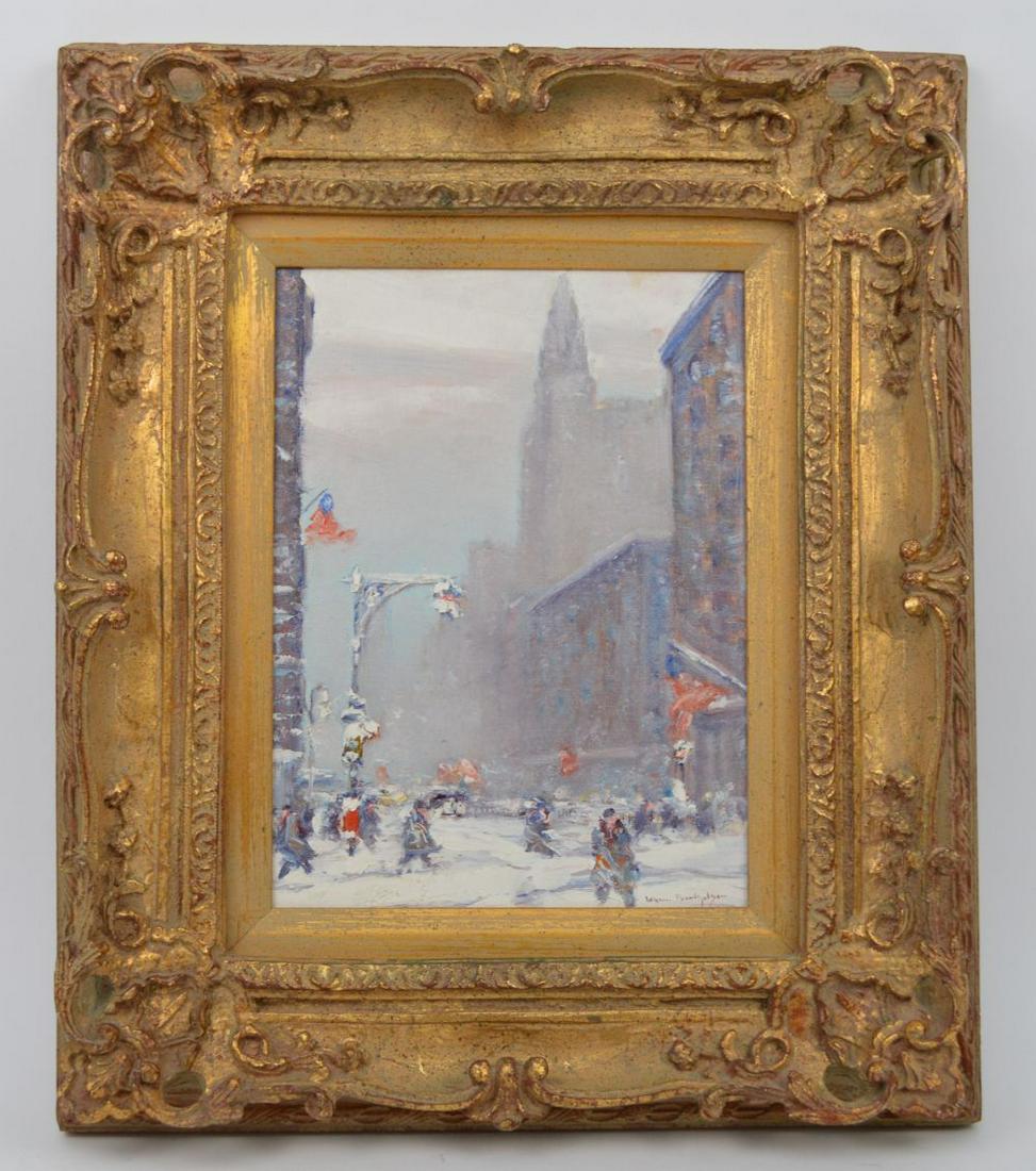 Johan Berthelsen (American, 1883-1972) New York City: Johan Berthelsen (American, 1883-1972) New York City Winter Scene, oil on artist board, Park Avenue & 46th Street with Waldorf Astoria in Background. 12 x 9 in carved frame.