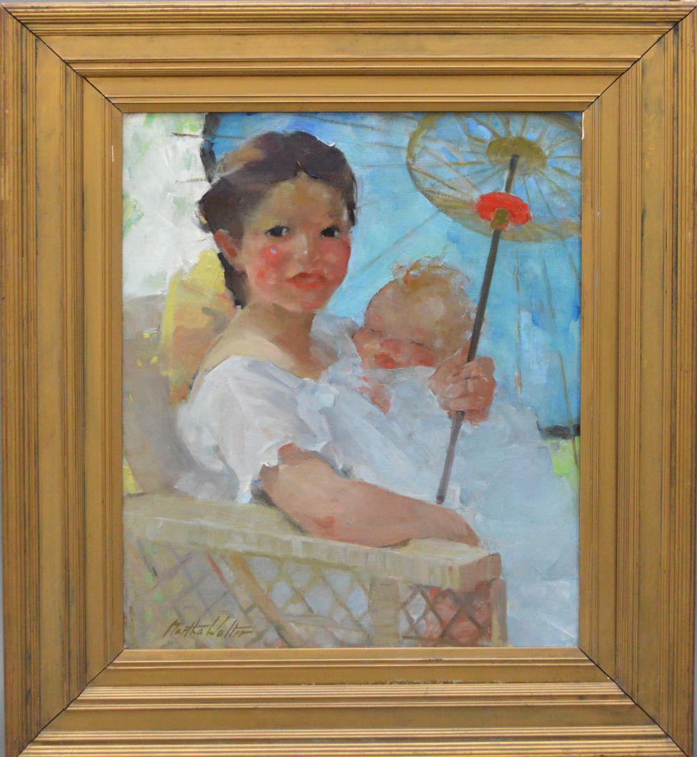Martha Walter (American, 1875–1976) oil on canvas,: Martha Walter (American, 1875–1976) oil on canvas, Portrait of Young Girls with Parasol, canvas approx. 31 x 36 inches and viewable measures approx: 20.5 x 25.5 inches