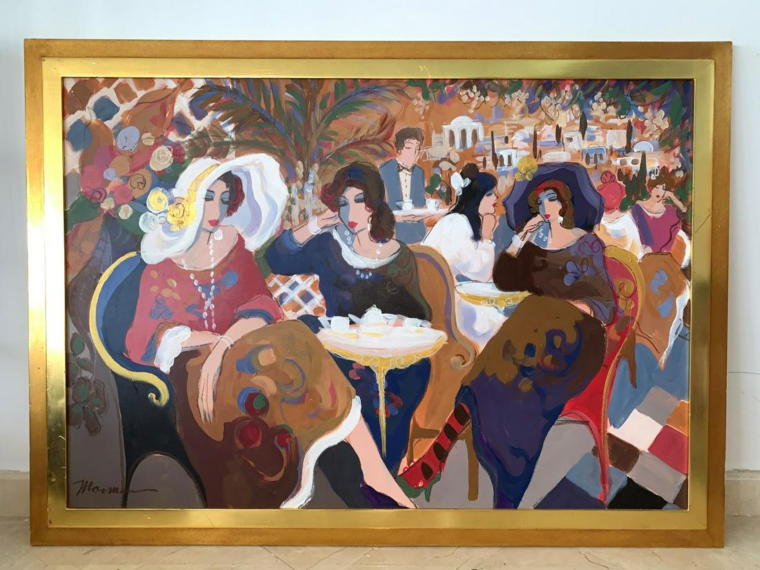 ISAAC MAIMON Israeli, 20th Century Untitled Acrylic: ISAAC MAIMON Israeli, 20th Century Untitled Acrylic on Canvas Women seated having tea. Signed lower left: “Maimon”. H. 34” x W. 50” Frame: Gilt wood frame Condition: Good