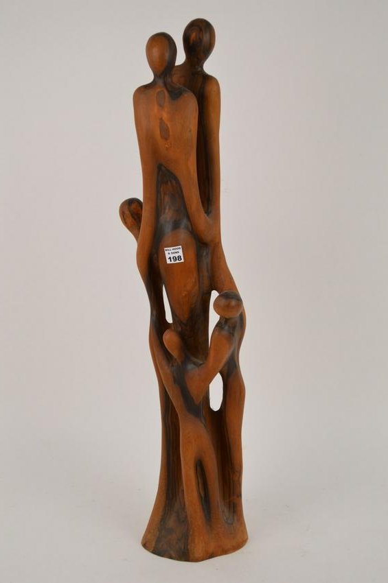 Leon Bronstein (Russian b. 1951). Tall Olive Wood: Leon Bronstein (Russian b. 1951). Tall Olive Wood Sculpture. Incised L. Bronstein on side & Durchin Femily on lower edge. Size: 32 1/4" h x 10" w, in middle part. Some surface natural cracks but overa