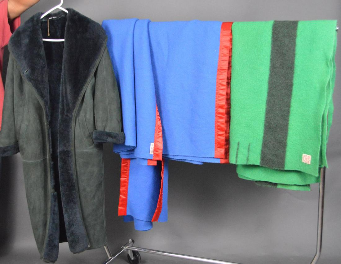 Suede & Shearling full length coat, Loden green color,: Suede & Shearling full length coat, Loden green color, Made in Spain AND 3 Vintage Wool blankets, pair Royal Blue American & one Hudson Bay Green Cape (All Good Condition)