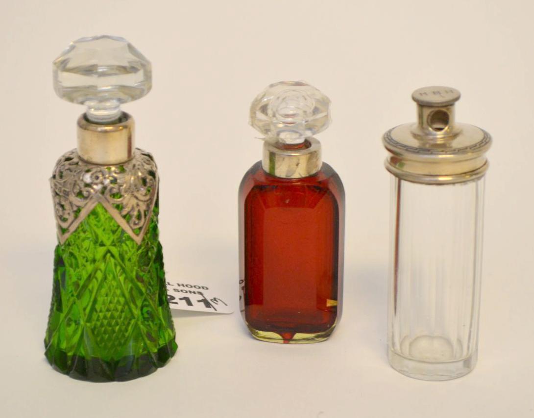 3 Antique perfume bottles, cut green glass with silver: 3 Antique perfume bottles, cut green glass with silver collar, ruby and clear, 4 1/2" tallest
