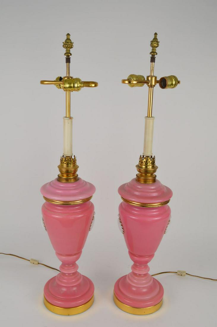 Pair Pink Bristol glass lamps each with shell: Pair Pink Bristol glass lamps each with shell medallion, 32"h