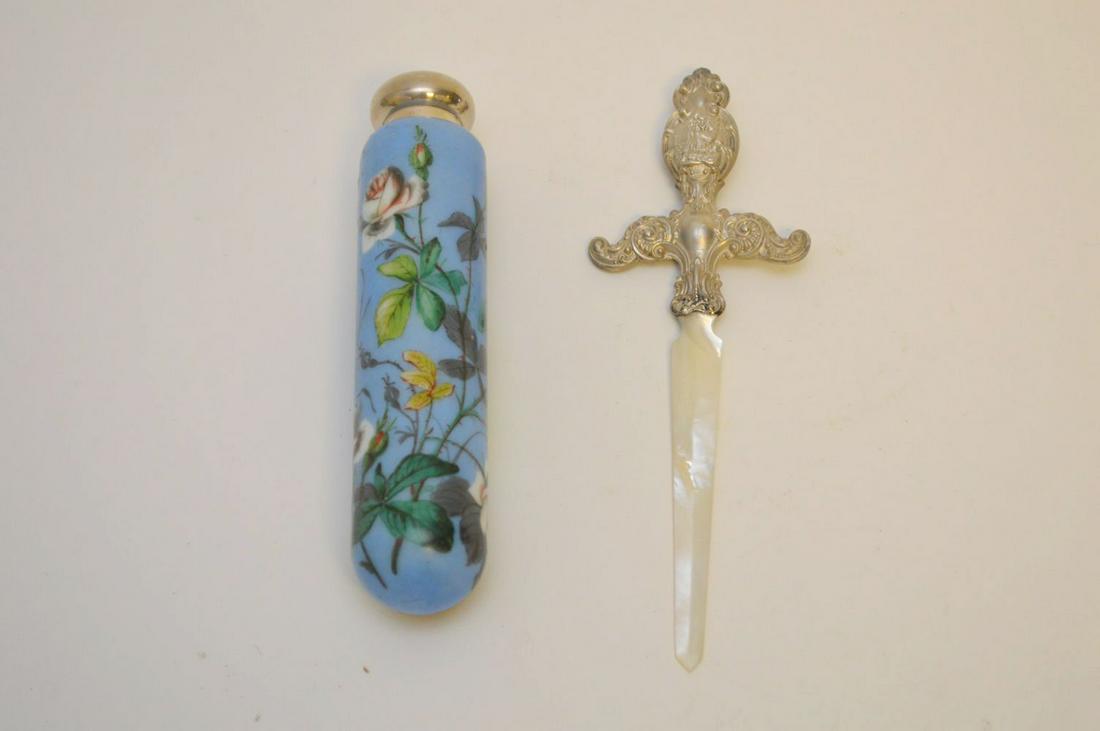 Hand painted porcelain perfume with sterling top (6"L): Hand painted porcelain perfume with sterling top (6"L) AND Mother of Pearl letter opener with sterling handle (7"L)