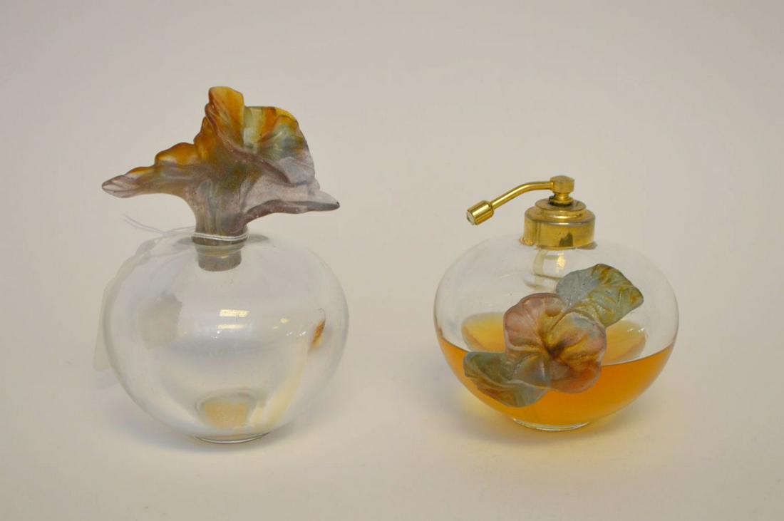 Pair Daum France Pate de Verre perfumes, one atomizer: Pair Daum France Pate de Verre perfumes, one atomizer (6 1/2"h)
