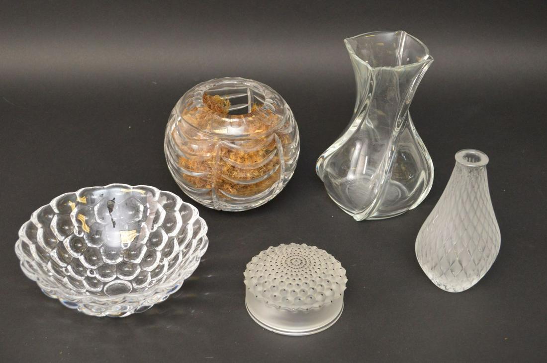 5 Assorted glass pcs, Lalique France dresser jar (1: 5 Assorted glass pcs, Lalique France dresser jar (1 1/2"h x 5"dia) (with chip), Orrefors bowl (3"h x 7 1/2"dia), Baccarat vase (8"h), Lalique vase (6 1/2"h) and Rose bowl (6"h)