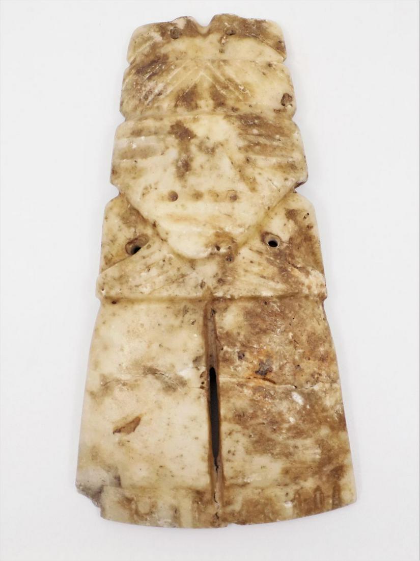 Pre-Columbian Large Stone Figural Amulet, Large Carved: Pre-Columbian Large Stone Figural Amulet, Large Carved White Stone Figural Amulet, Ceremonial Half Back, Perched Avians on Head, Holes Drilled for Suspension, Mineral Deposits Including Mica, Origin: 