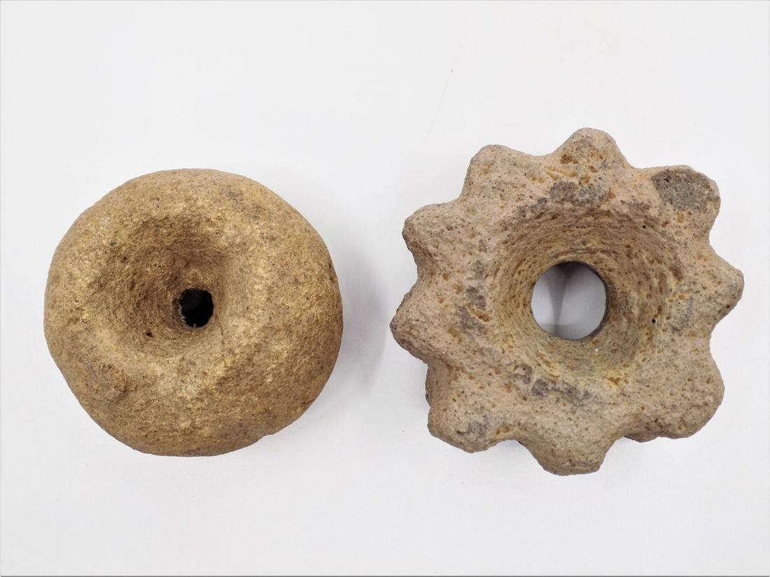 Pre-Columbian Carved Stone Maces Pair of 2, Carved: Pre-Columbian Carved Stone Maces Pair of 2, Carved Stone Mace and Carved Basalt Mace, Mineral Deposits, Signs of Erosion, Origin: Central America, Age: 500-800 A.D.