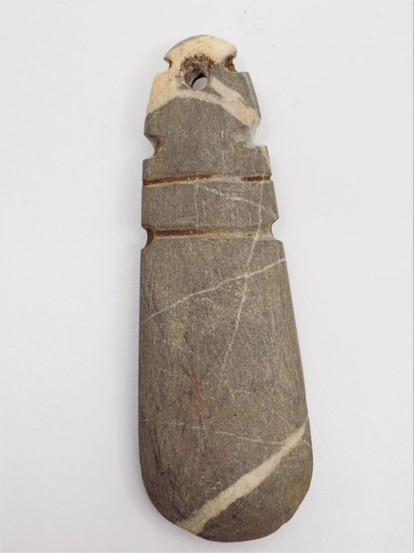 Pre-Columbian Axe God Pendant, Large Grey Stone with: Pre-Columbian Axe God Pendant, Large Grey Stone with White Marbling, Incised Lines Detail, Hole drilled for Suspension, Mineral Deposits, Origin: Guanacaste Costa Rica, Age: 500-800 A.D.