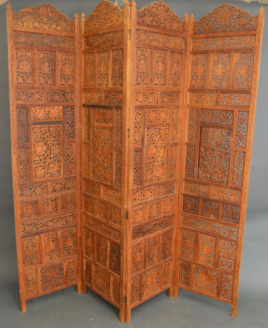 4 Carved Indonesian natural wood panel screen: 4 Carved Indonesian natural wood panel screen