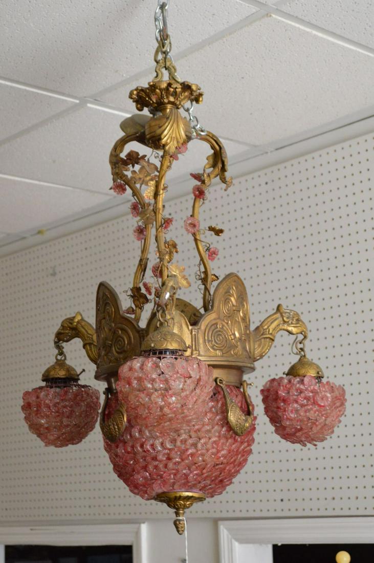 Continental antique ruby glass and brass hanging light: Continental antique ruby glass and brass hanging light fixture, approx. 34"h x 18"w