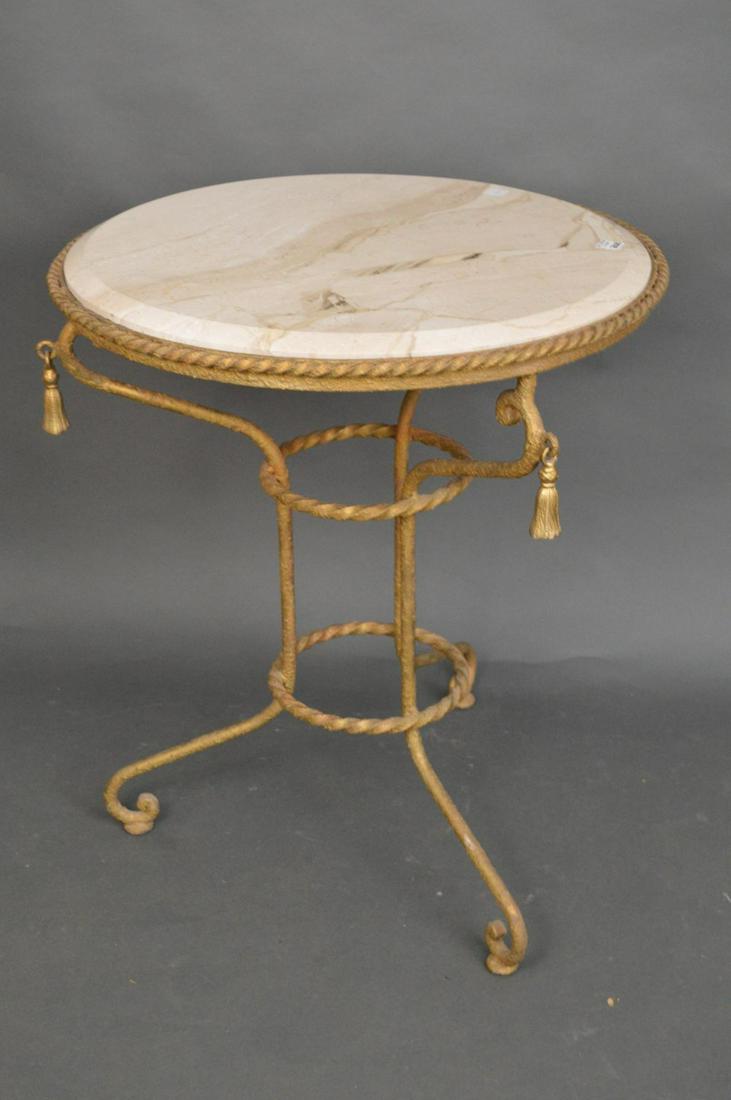Occasional round table, Travertine top on gilt metal: Occasional round table, Travertine top on gilt metal rope & tassel motif frame, 29"h x 25"w