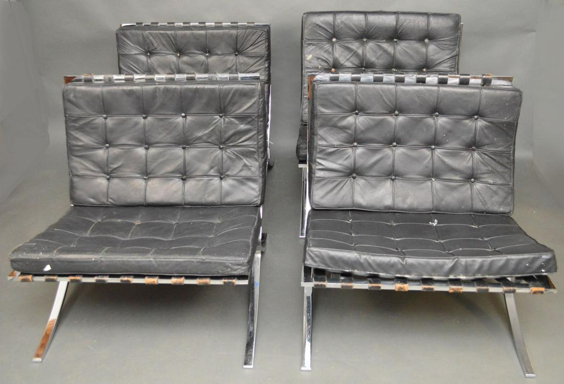 4 Knoll Barcelona chairs, Mies Van Der Rohe, black: 4 Knoll Barcelona chairs, Mies Van Der Rohe, black button cushions (some wear and tears, chrome has been exposed to Miami Beach weather)