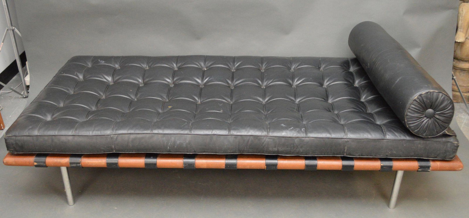 Knoll Barcelona Day Bed, Mies Van Der Rohe, single: Knoll Barcelona Day Bed, Mies Van Der Rohe, single black button cushion (strapping is worn and been exposed to Miami Beach weather)