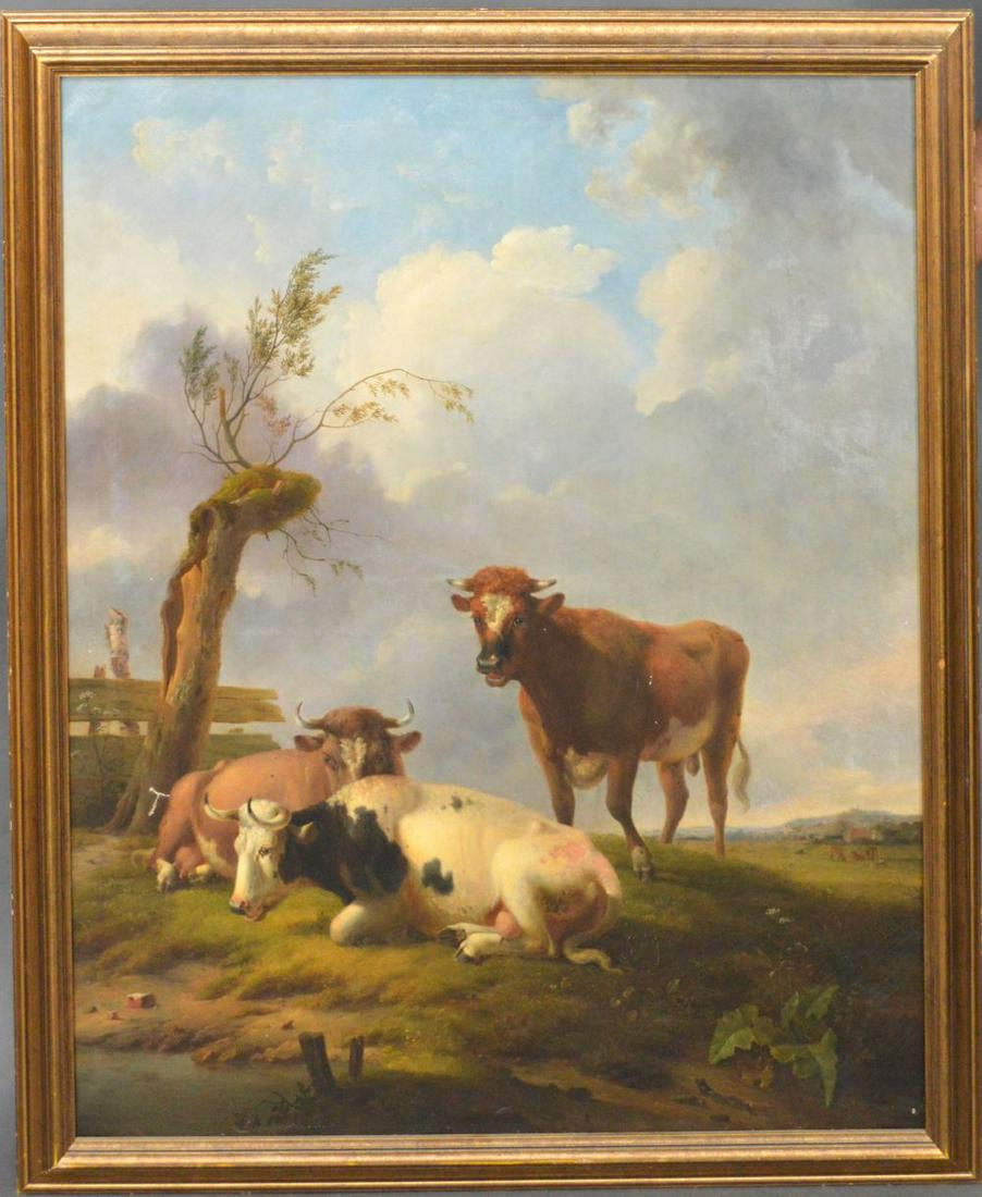 School Of Paulus Potter (Dutch, 1625-1654) oil on: School Of Paulus Potter (Dutch, 1625-1654) oil on canvas, Cows by Watering hole, 47-1/2 x 39-1/2