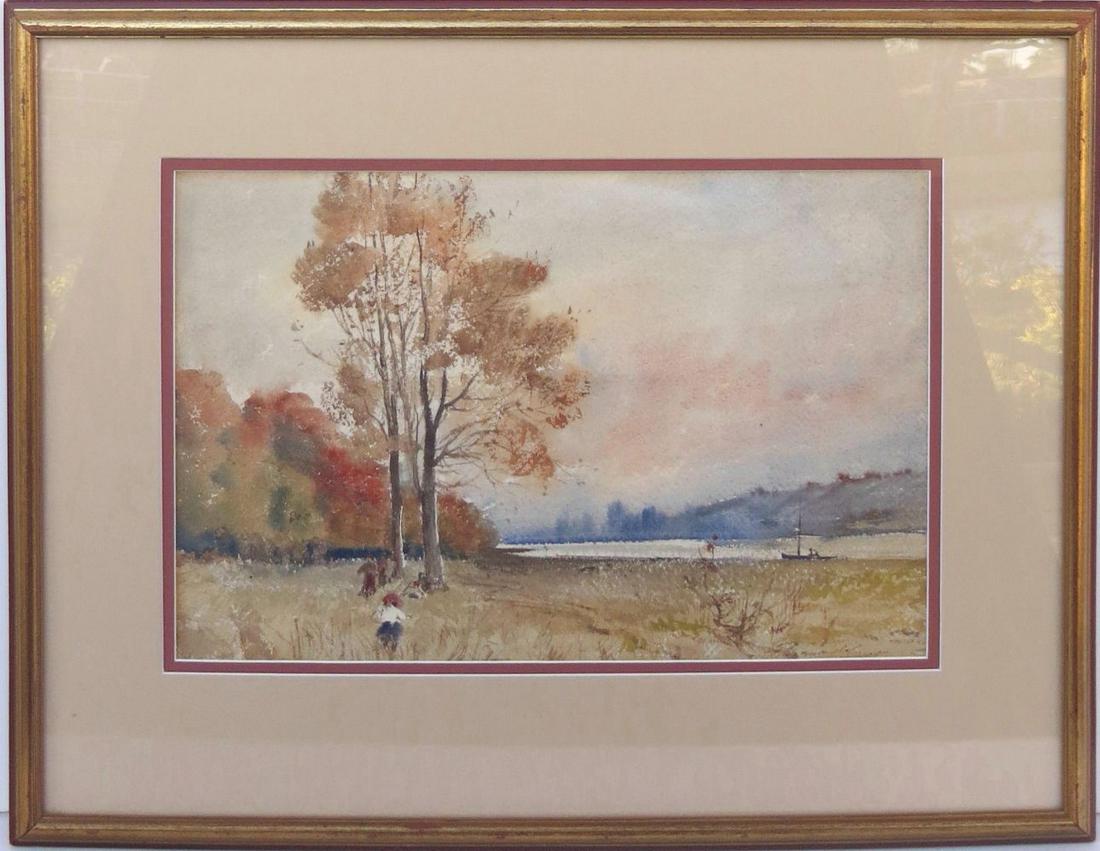 FLORENCE V. ROBINSON, (Massachusetts, 1874-1937),: FLORENCE V. ROBINSON, (Massachusetts, 1874-1937), Watercolor on Paper, IMPRESSIONIST LANDSCAPE WITH FIGURES, 10 3/8 inches x 16 inches (sight), signed “Florence Robinson” lower right. Matted and f