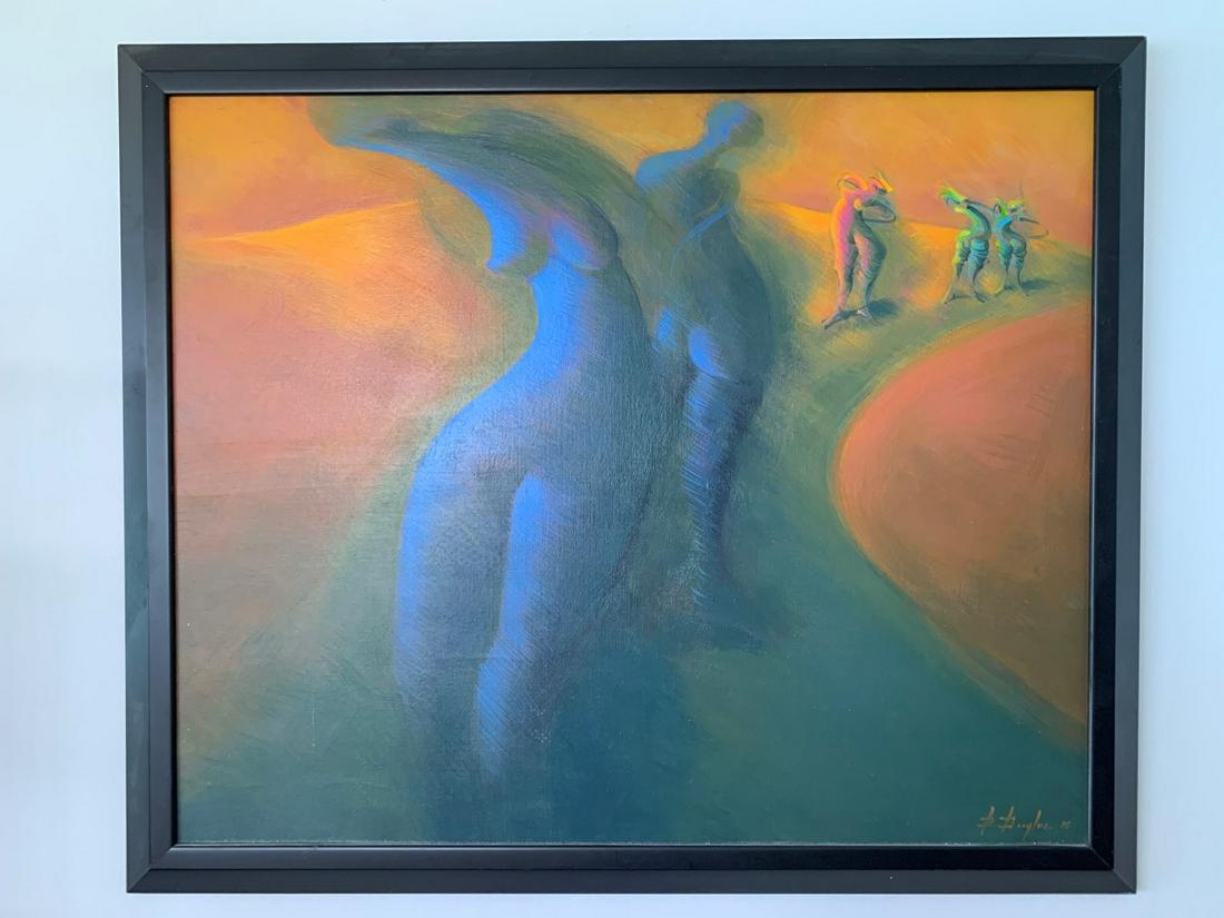 BERNARD DREYFUS (1940) Nicaragua, 20th Century Ocres: BERNARD DREYFUS (1940) Nicaragua, 20th Century Ocres de Sol, 1996 Acrylic on Canvas Depicts four figures dancing. Signed and dated lower right: “B. Dreyfus, 1996”. Signed, titled, and dated verso.
