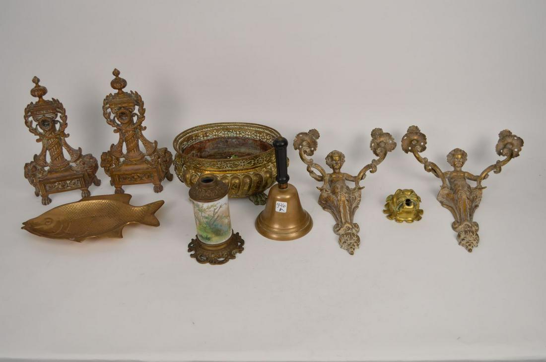 7pc. Assorted brass, American large school bell,: 7pc. Assorted brass, American large school bell, planter, pair putti double light wall sconces, fish serving dish and pair ornate brass Andirons