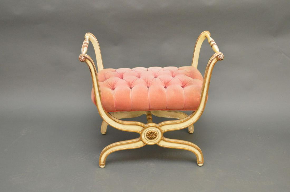 Painted bench with pink velvet tufted upholstery, 26"h: Painted bench with pink velvet tufted upholstery, 26"h (total height) x 29"w