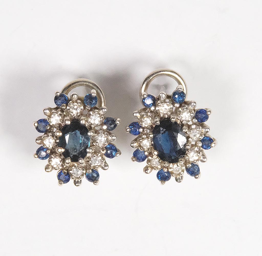 Pair of 14kt White Gold Ceylon Sapphire Diamond: Pair of 14kt White Gold Ceylon Sapphire Diamond Earrings with Port Omega Backs. 1 ctw sapphire, .50 dtw, 5.1 grams