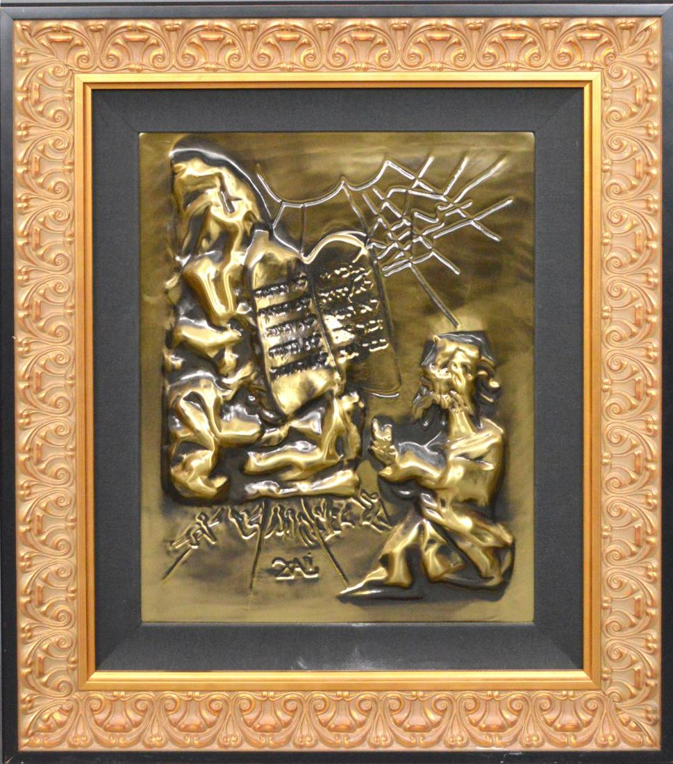 SALVADOR DALI (1904 – 1989) Spanish, 20th Century The: SALVADOR DALI (1904 – 1989) Spanish, 20th Century The Ten Commandments Metal bas-relief with gold-tone patina. Moses and The Ten Commandments with repoussé metal. Edition No.: “262/350” Signed 