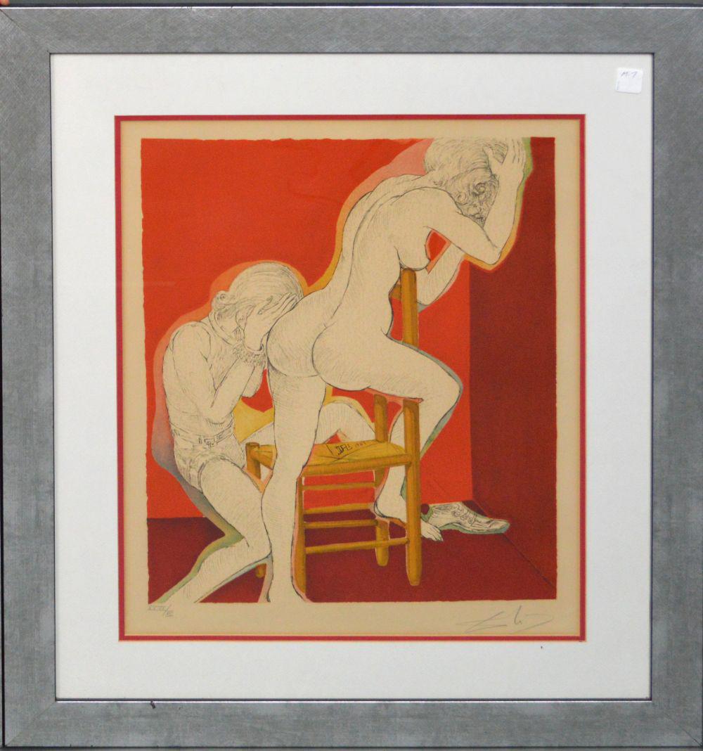 SALVADOR DALI (1904 – 1989) Spanish, 20th Century: SALVADOR DALI (1904 – 1989) Spanish, 20th Century Untitled, 1967 Lithograph in Colors Two women nude in chairs. Edition No.: “XXVI/XC”. Signed lower right in margin: “Dali”. H. 19” x W. 16