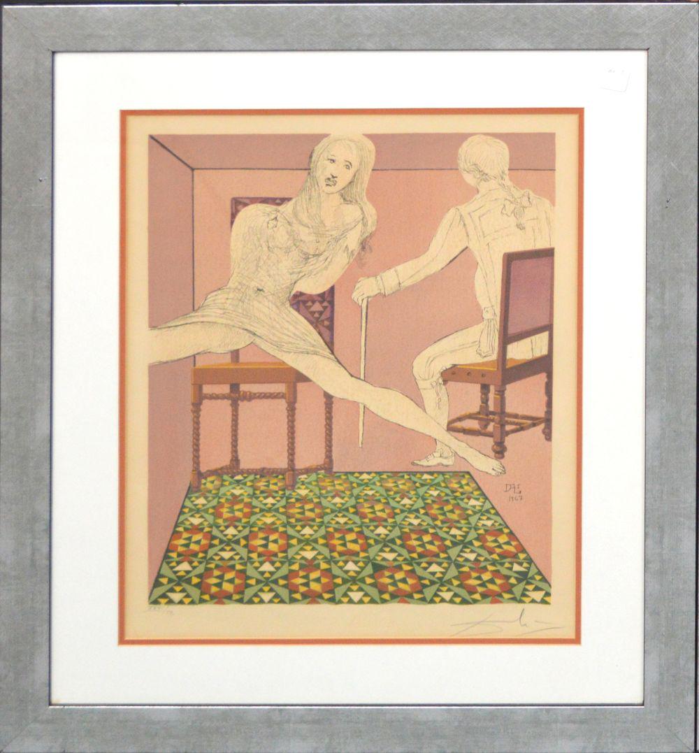 SALVADOR DALI (1904 – 1989) Spanish, 20th Century: SALVADOR DALI (1904 – 1989) Spanish, 20th Century Untitled, 1967 Lithograph in Colors Two figures in chairs. Edition No.: “XXVI/XC”. Signed lower right in margin: “Dali”. H. 20” x W. 15”