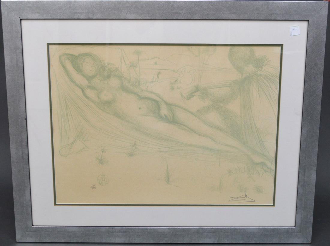 SALVADOR DALI (1904 – 1989) Spanish, 20th Century: SALVADOR DALI (1904 – 1989) Spanish, 20th Century Untitled, 1967 Lithograph in Colors Reclining nude in green. Edition No.: “159/225”. Signed lower right: “Dali”. H. 18”” x W. 25” Fram