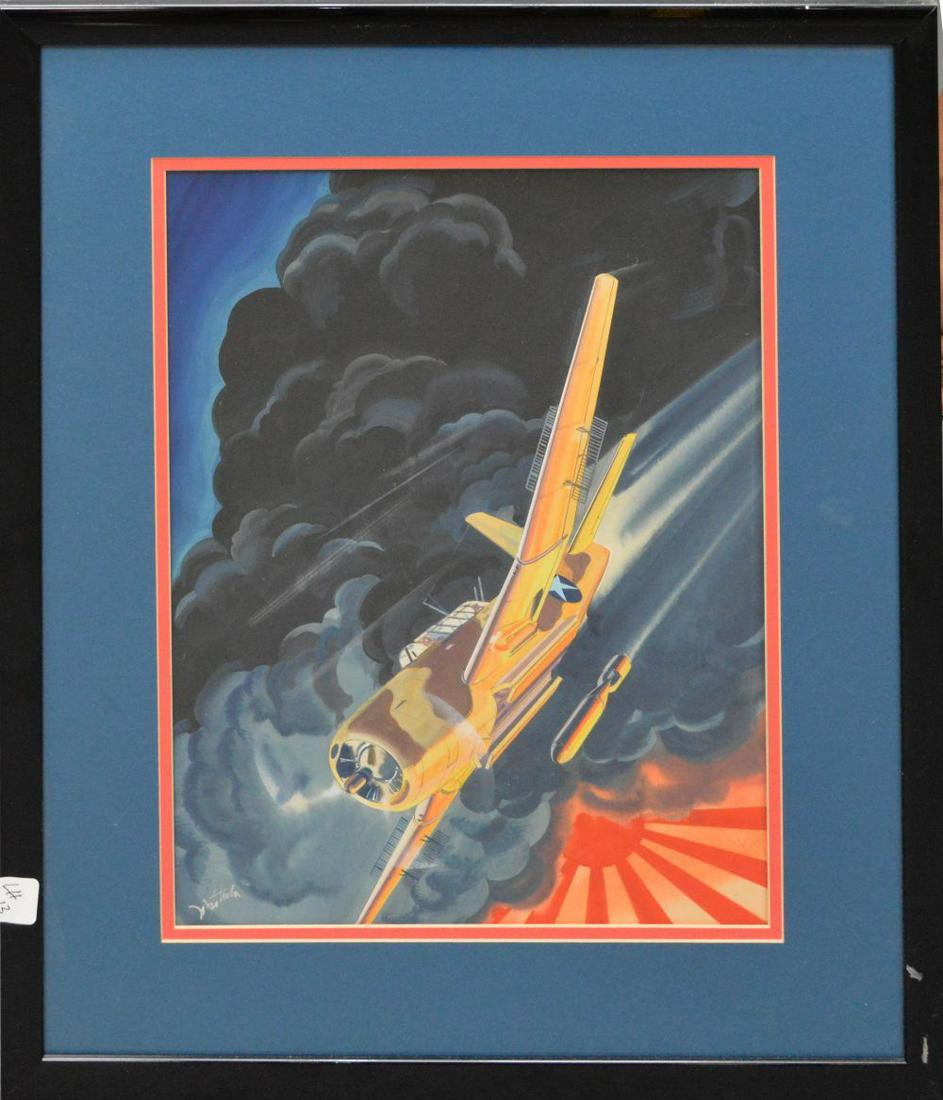PAINTING - WWII US FIGHTER PLANE, oil on paper,: PAINTING - WWII US FIGHTER PLANE, oil on paper, illegibly signed. 12-3/4 x 16-3/4 inches
