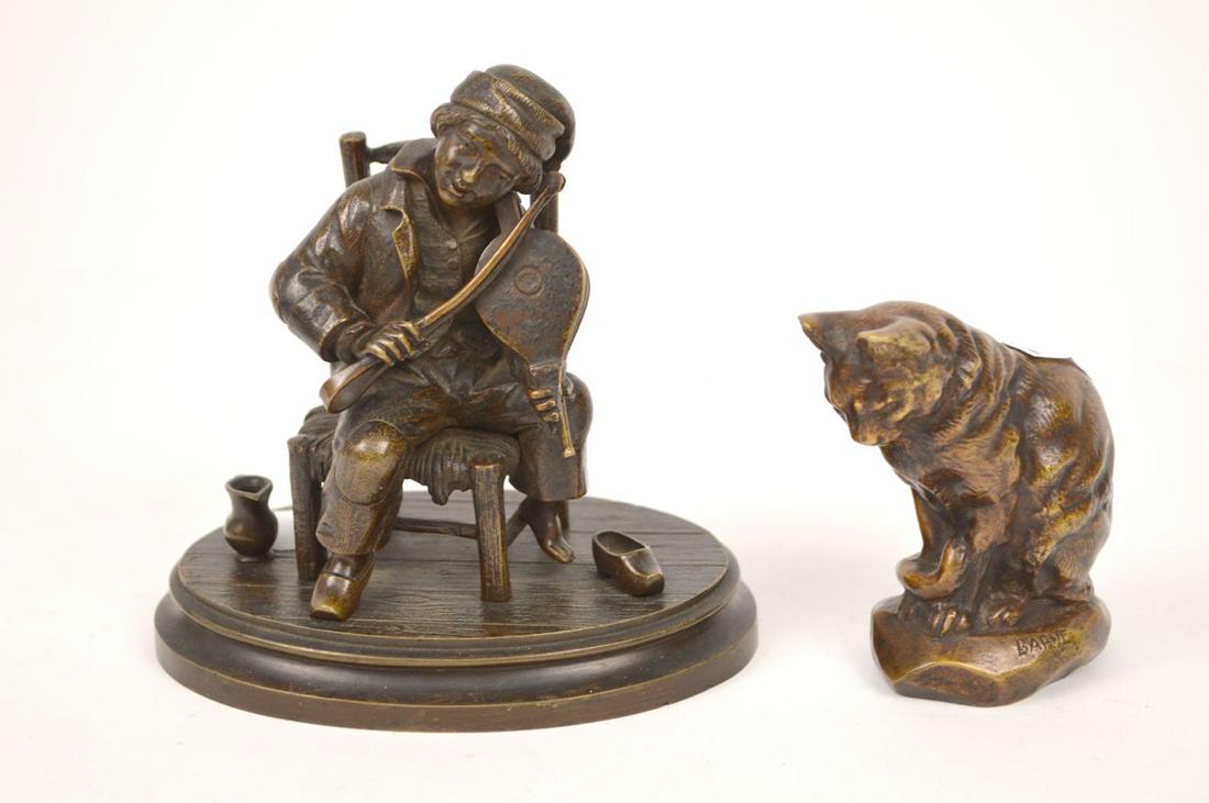 Bronze Seated Cat, signed Barye (3 1/2"h) AND Bronze: Bronze Seated Cat, signed Barye (3 1/2"h) AND Bronze Seated Musician (5"h)