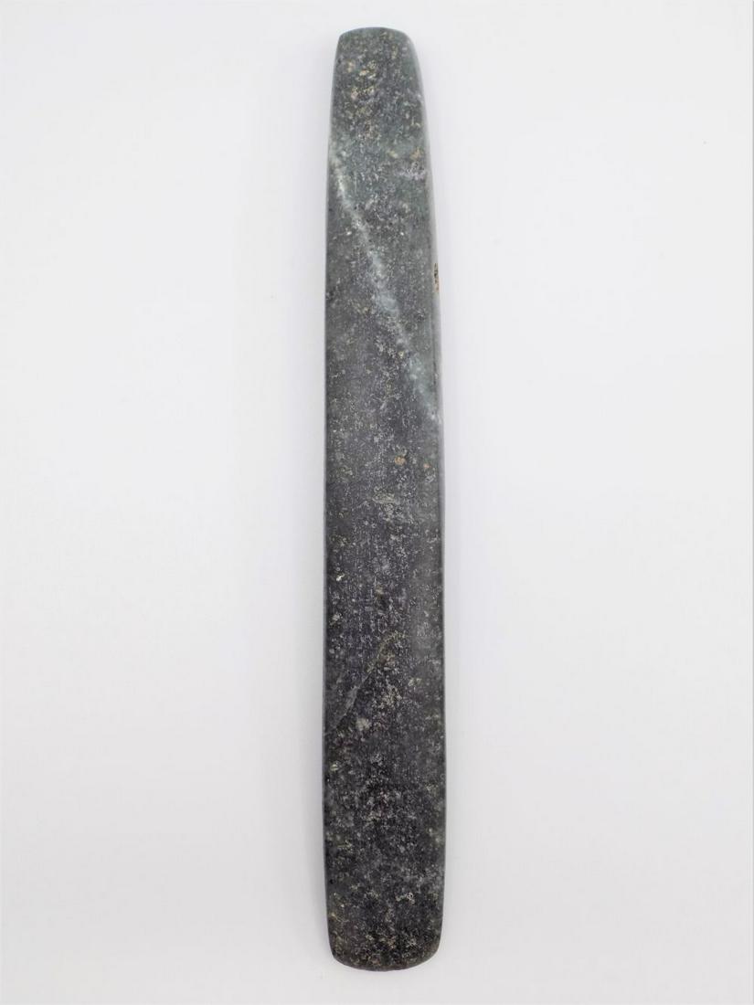 Pre-Columbian Green Jade Axe Celt, Large Speckled: Pre-Columbian Green Jade Axe Celt, Large Speckled Green Jade, Mineral Deposits, Signs of Erosion, Holes Drilled For Suspension, Origin: Central Highlands Costa Rica, Age: 300-800 A.D.