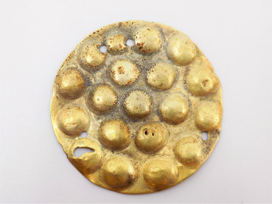 Pre-Columbian Chimu Gold Disc Pendant, Gold Over Silver: Pre-Columbian Chimu Gold Disc Pendant, Gold Over Silver Applique Pendant, Chimu Culture, Origin: Peru, Age: 1200-1500 A.D.