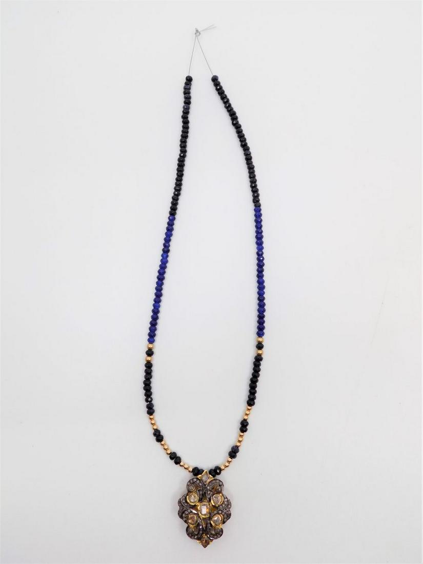 Antique Diamond and Sapphire Necklace, 58 Rose Cut: Antique Diamond and Sapphire Necklace, 58 Rose Cut Diamonds Set in Gold and Silver, Faceted Sapphire Gemstone Necklace with Gold Beads, Diamonds .86 CTS