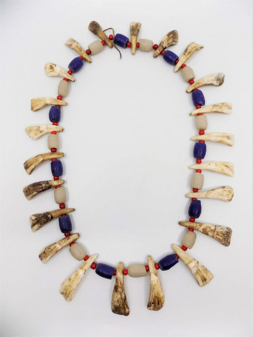 Antique Native American Elk Tooth Necklace, Hand Strung: Antique Native American Elk Tooth Necklace, Hand Strung with Sinu, Native American Glass Trade Beads Early 1900's