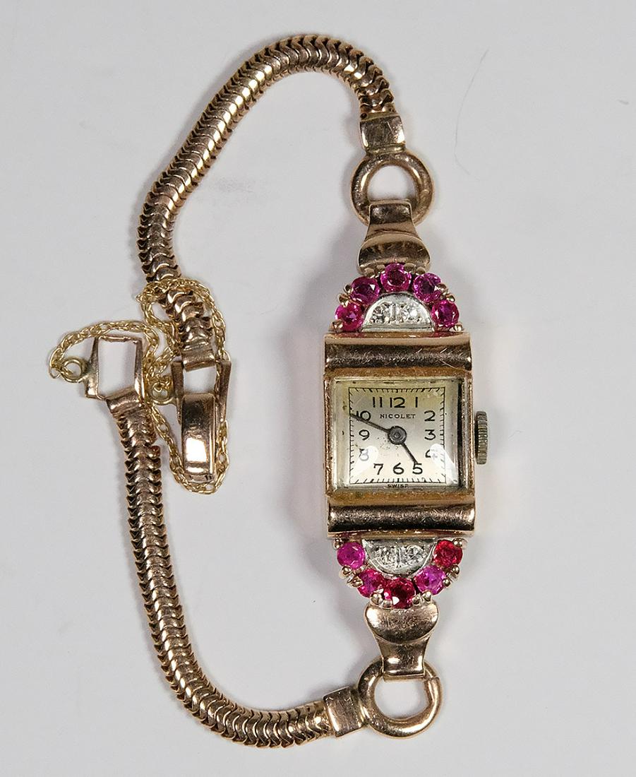 14K Yellow Gold Deco Nicolet Diamond Ruby Watch.: 14K Yellow Gold Deco Nicolet Diamond Ruby Watch. Condition working 40mm including lugs with safety chain. 6.25" long 15.3 grams